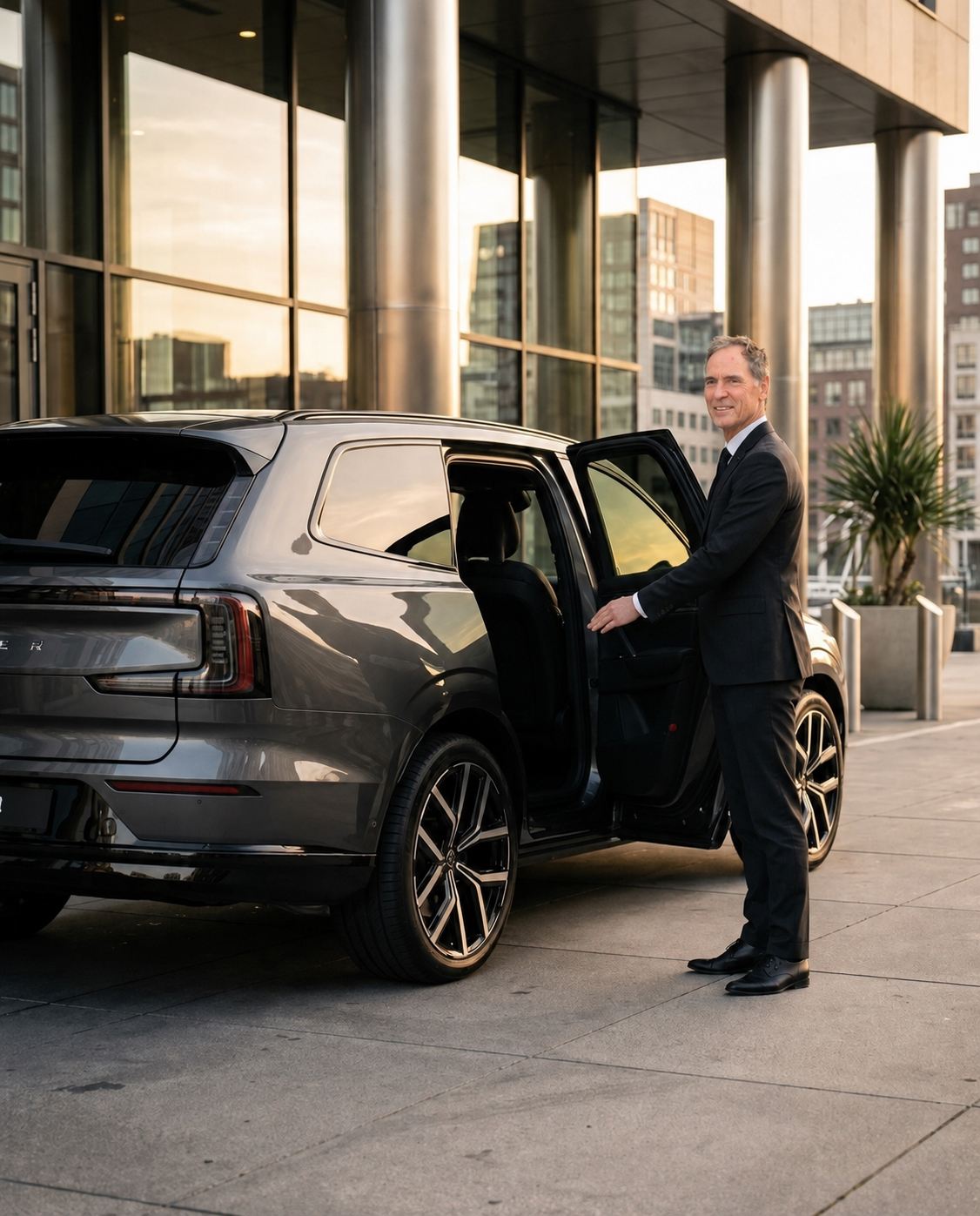 Alexander, private driver van Luxe Vervoer Randstad, houdt het achterportier van zijn grijze Volvo EX90 open voor een kantoorgebouw