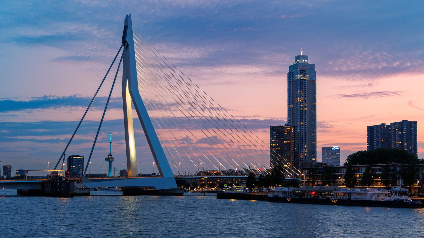 De Erasmusbrug in Rotterdam bij avondlicht